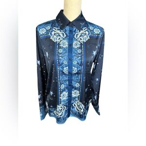 Rachel Zoe Celestial Floral Satin Button Down Blouse Navy Blue Star Print Size S